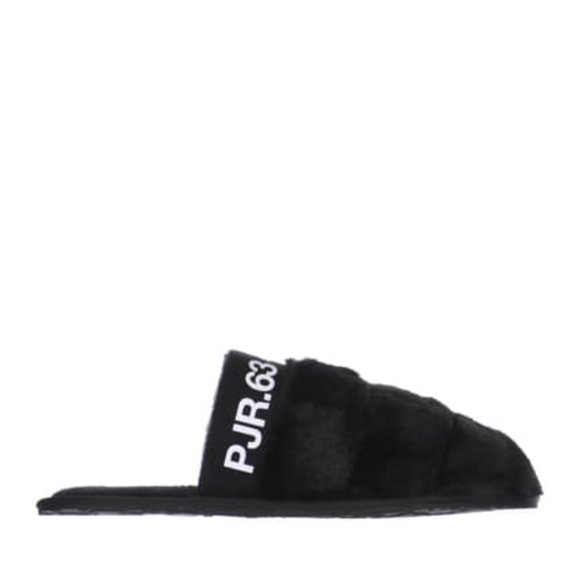 NEW Pajar Women Stevie Black Vegan Plush Faux Fur Cozy Slipper Text Print Trim - Picture 2 of 5
